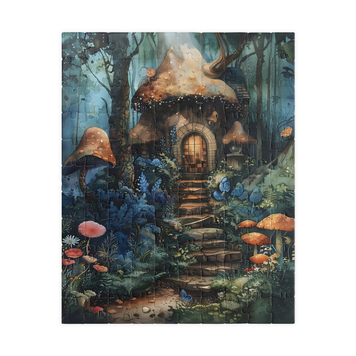 Enchanted Mushroom Cottage Forest Night Glowing Door Art Poster - Image 2