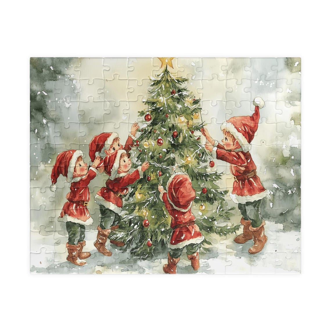 Four Little Helpers Decorating A Christmas Tree Watercolor Print - Image 5