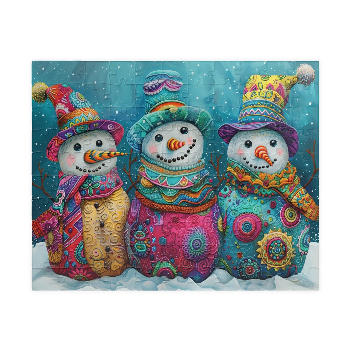Three Whimsical Snowmen Friends in Colorful Patterned Scarves Poster - Image 5