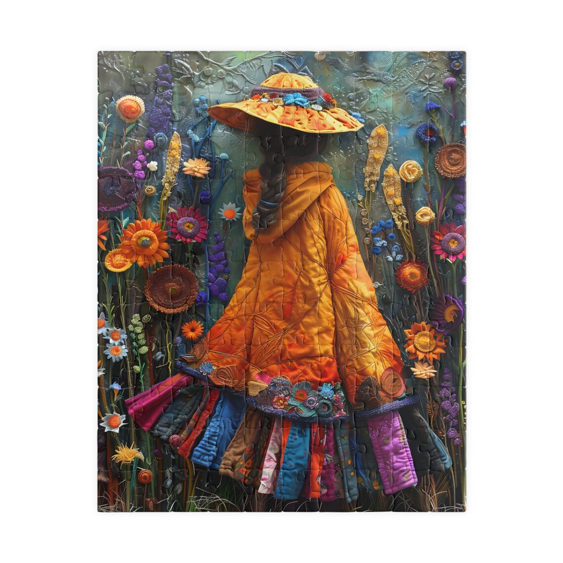 Girl in Orange Coat Walking Wildflower Field Autumn Lady Poster - Image 2