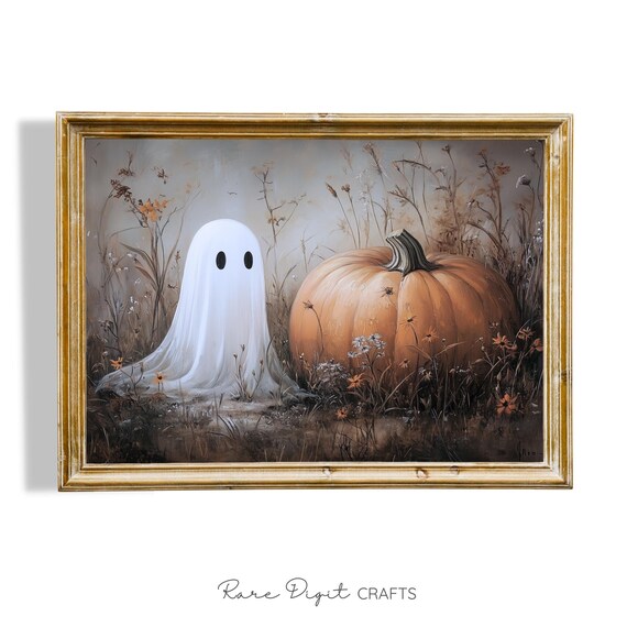 Cute Ghost and Pumpkin Autumn Field Moody Halloween Art Poster