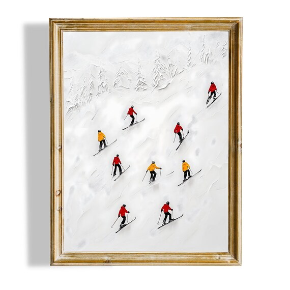 Minimalist Skiers Red Yellow Jackets White Slope Impasto Art Poster