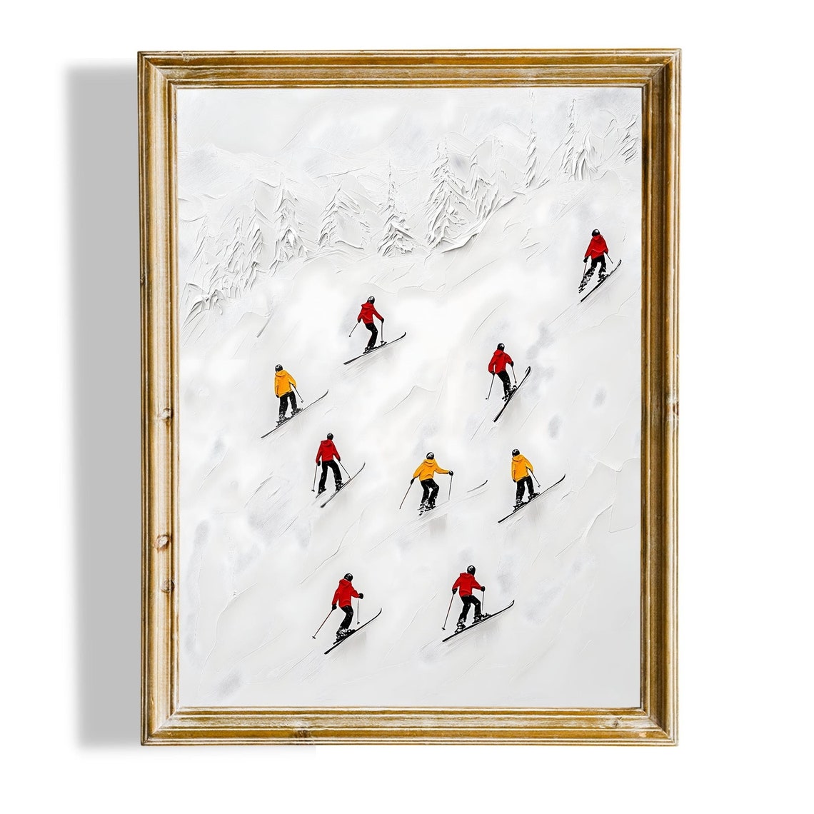 Minimalist Skiers Red Yellow Jackets White Slope Impasto Art Poster