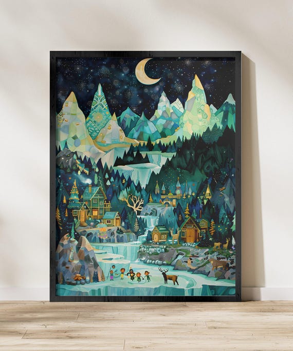 Alaska Polar Lights Wall Art Mountain Village Nightscape Aurora Borealis Decor Magical Winter Wonderland Home Print