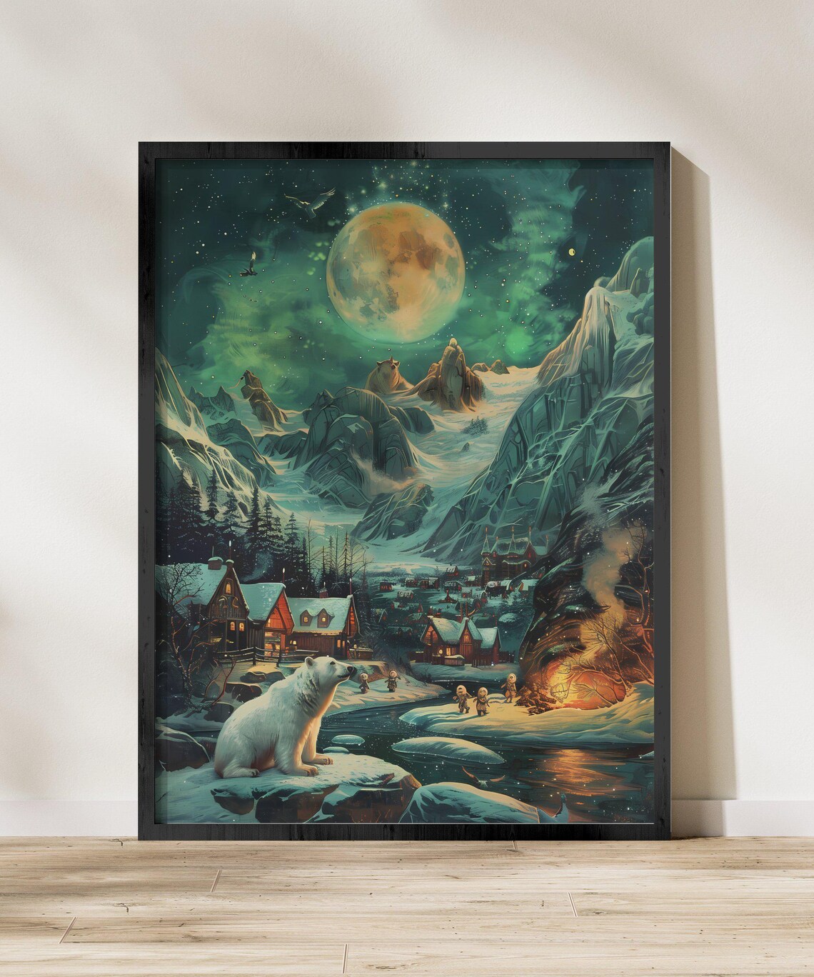 Polar Bear Under a Giant Moon in a Snowy Arctic Village Print
