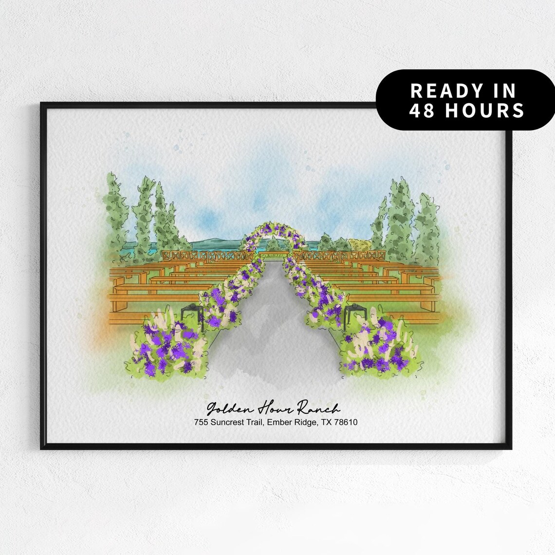 Custom Watercolor Wedding Venue Portrait, Minimalist