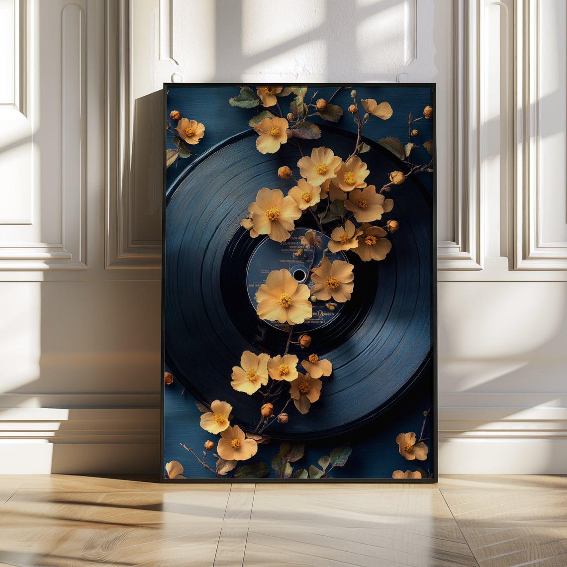 Navy Vinyl Record Wrapped In Yellow Flowering Branches Poster