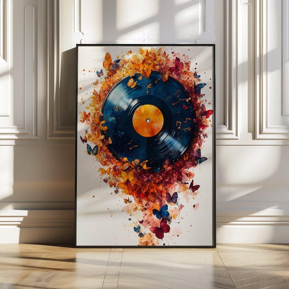 Vinyl Record Wall Art Print Or Stretched Vibrant Butterfly Explosion Music Art Music Lover Gift Living Room Dcor