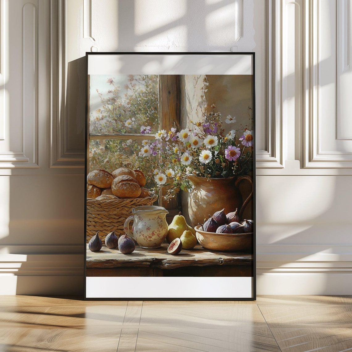 Rustic Harvest Still Life with Bread Figs and Daisies Art Poster