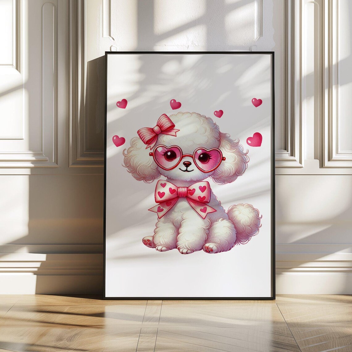 Cute White Poodle Puppy With Pink Heart Sunglasses And Bows Wall Art