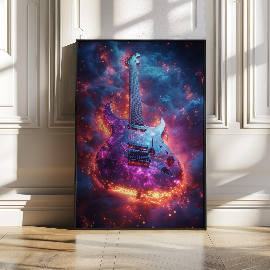 Fiery Electric Guitar Rising From Cosmic Red And Blue Flames Wall Art