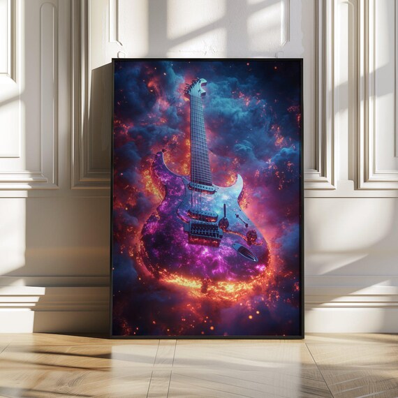 Fiery Electric Guitar Rising From Cosmic Red And Blue Flames Wall Art
