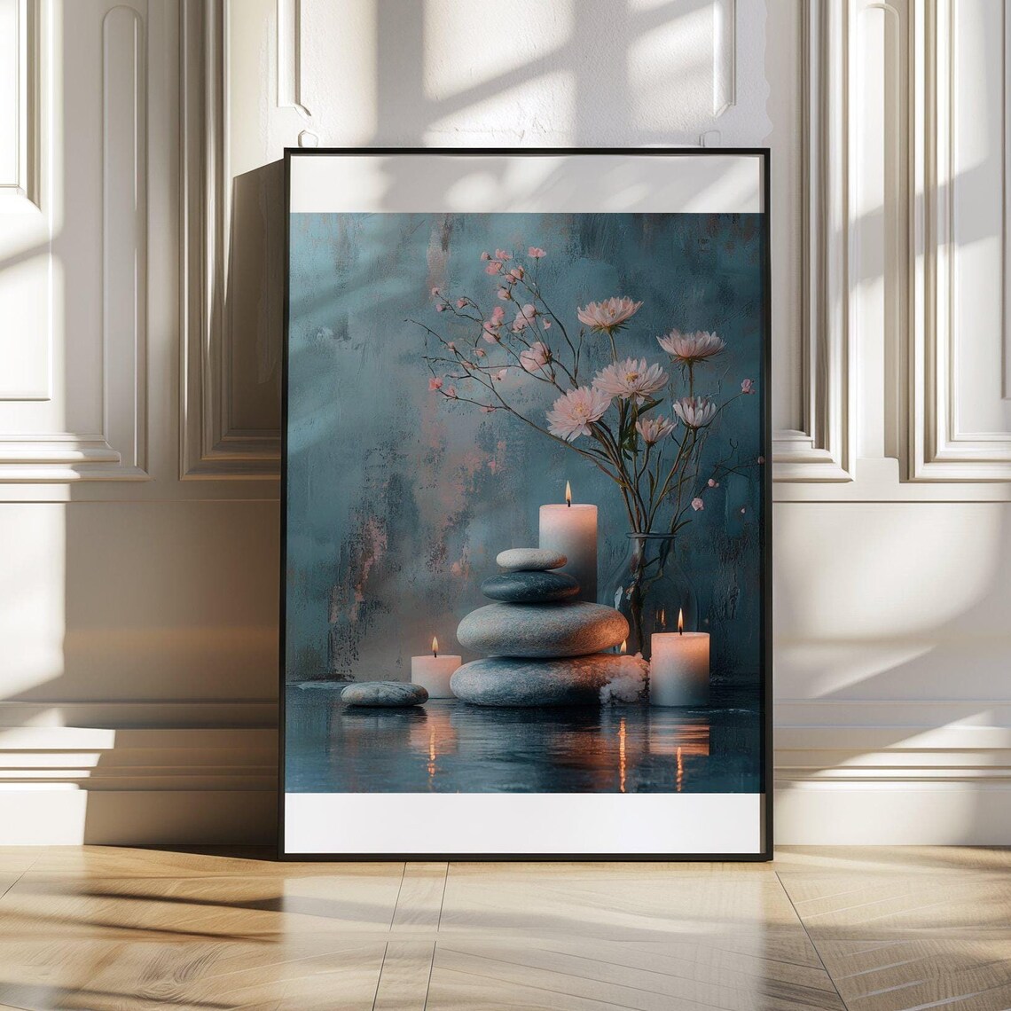 Tranquil Zen Garden Poster With Candles Stones and Pink Blossoms