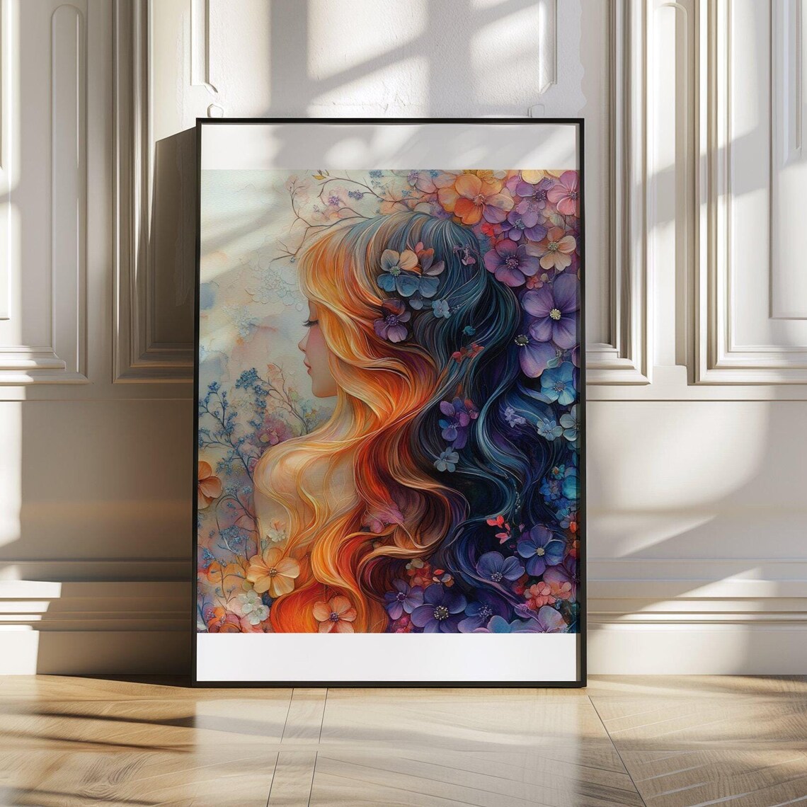Floral Woman Portrait Poster Watercolor Flowers Hair Vibrant Art