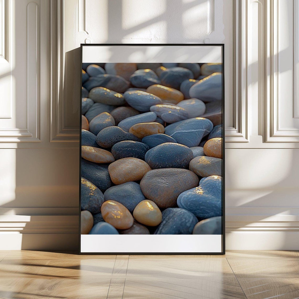Close Up of Smooth Blue Grey Coastal Pebbles Texture Art Poster