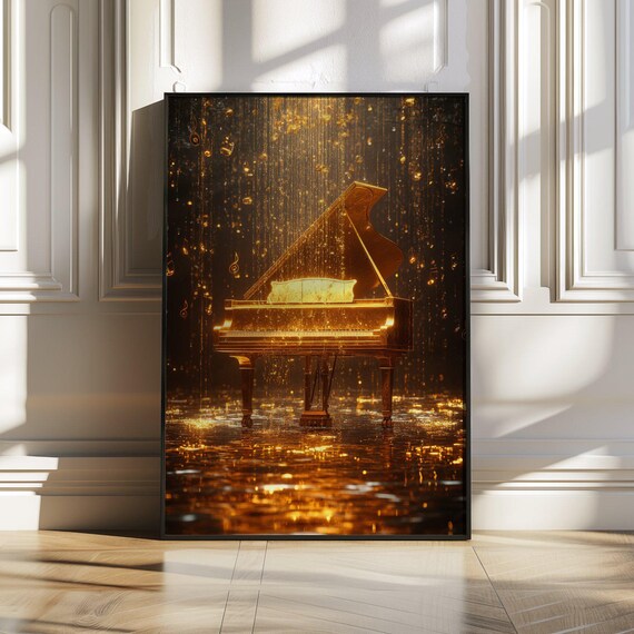 Golden Grand Piano Standing Alone In Sparkling Golden Rain Poster