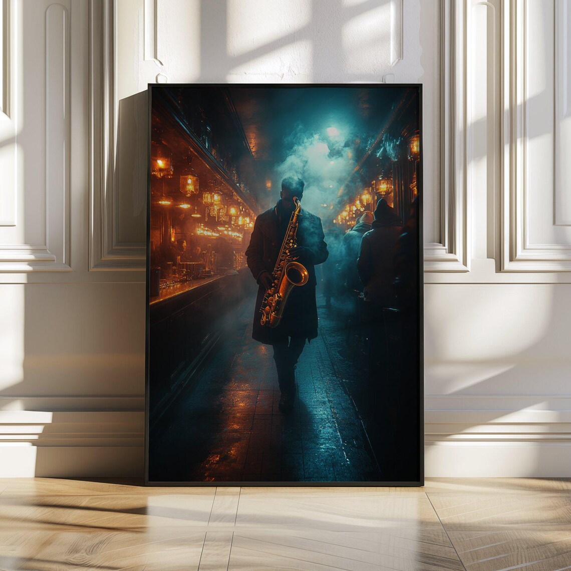 Smoky Jazz Bar Saxophonist Walking In Moody Blue Light Poster