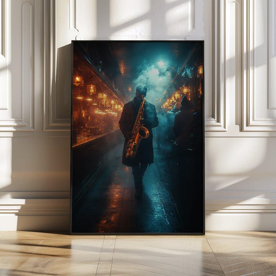 Vintage Jazz Musician In Smoky Bar Moody Saxophone Scene Atmospheric Blue Lighting Wall Art Print Or Stretched Housewarming Gift