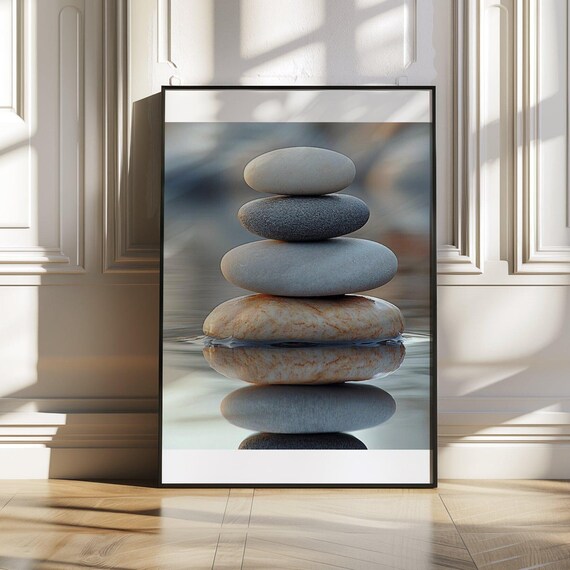 Balanced Zen Stones Mirrored Perfectly in Still Water Art Poster