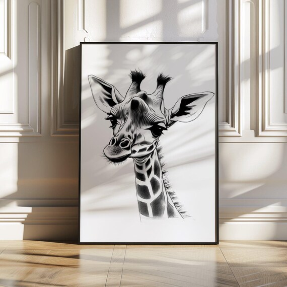 Giraffe Head Portrait Black and White Safari Animal Art Poster