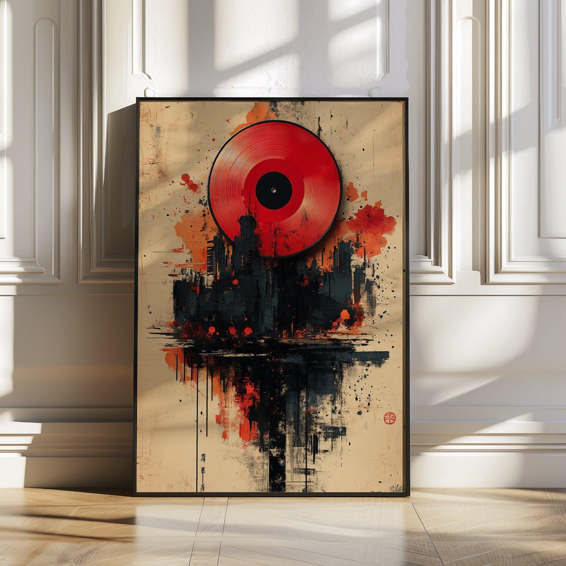 Red Vinyl Record Sun Rising Over A Dark Grungy Cityscape Wall Art