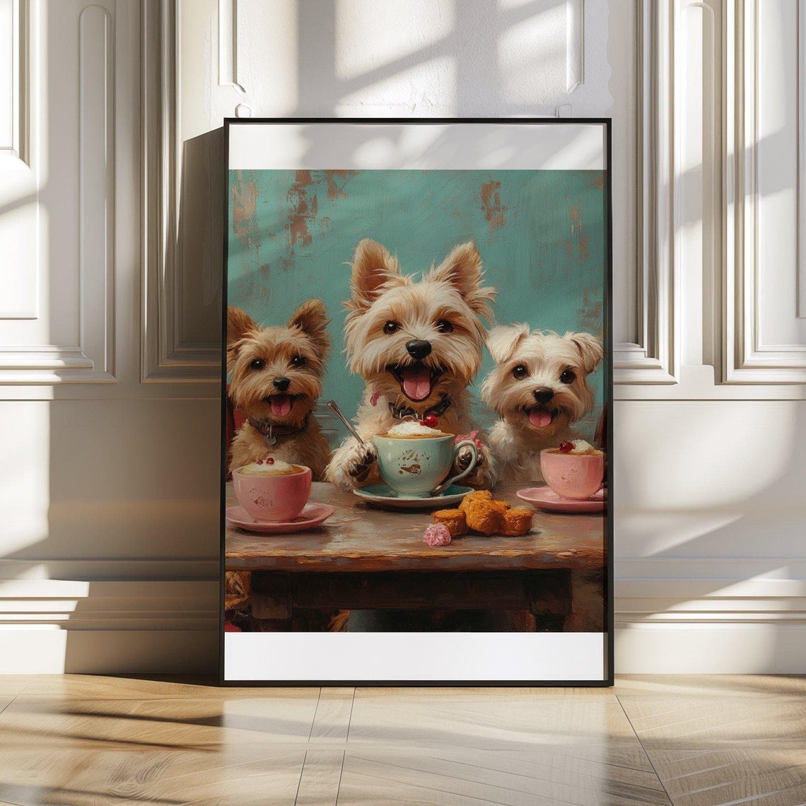 Three Happy Yorkie Puppies Sharing Hot Chocolate Treats Art Poster