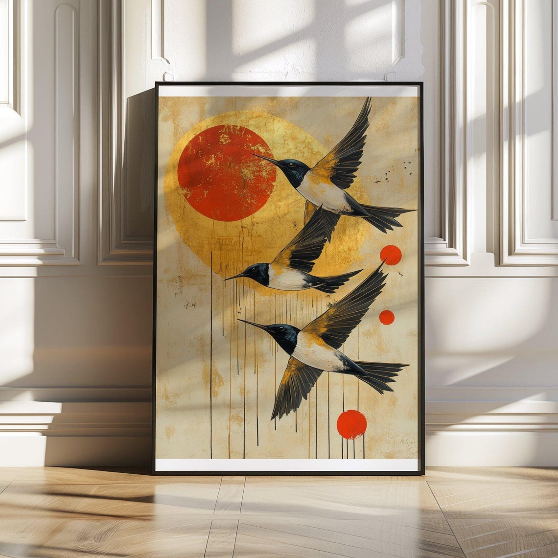 Three Swallows in Flight Poster With Bold Red Sun Japanese Style