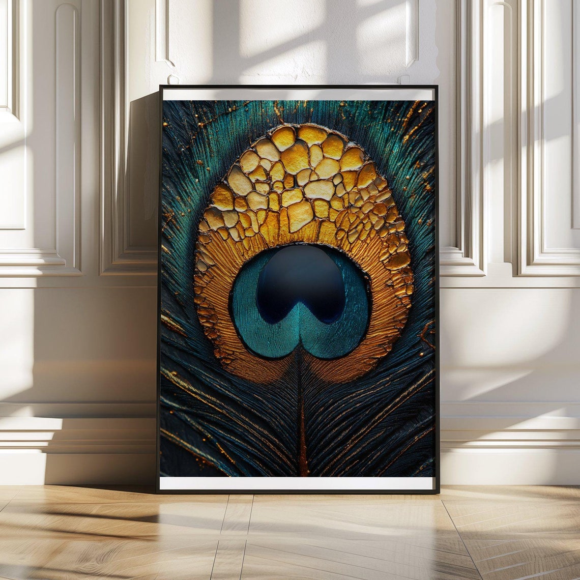 Peacock Feather Macro Poster With Golden and Teal Shimmering Detail