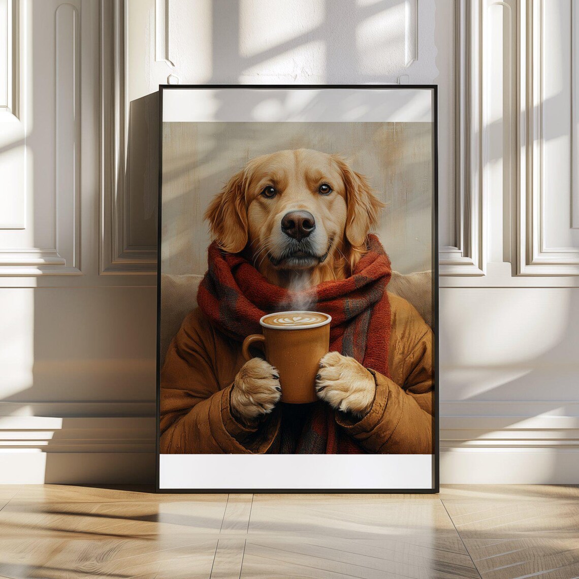Golden Retriever in Winter Scarf Sipping a Warm Latte Art Poster