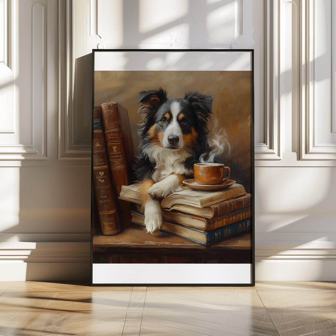 Fluffy Australian Shepherd Dog with Books and Coffee Art Poster