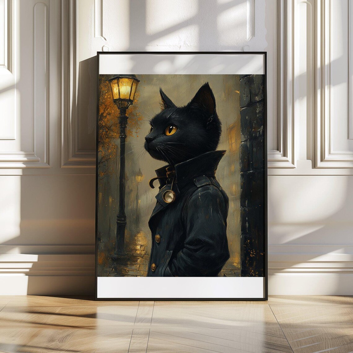 Black Cat Detective Poster Wearing a Trench Coat by a Lamppost