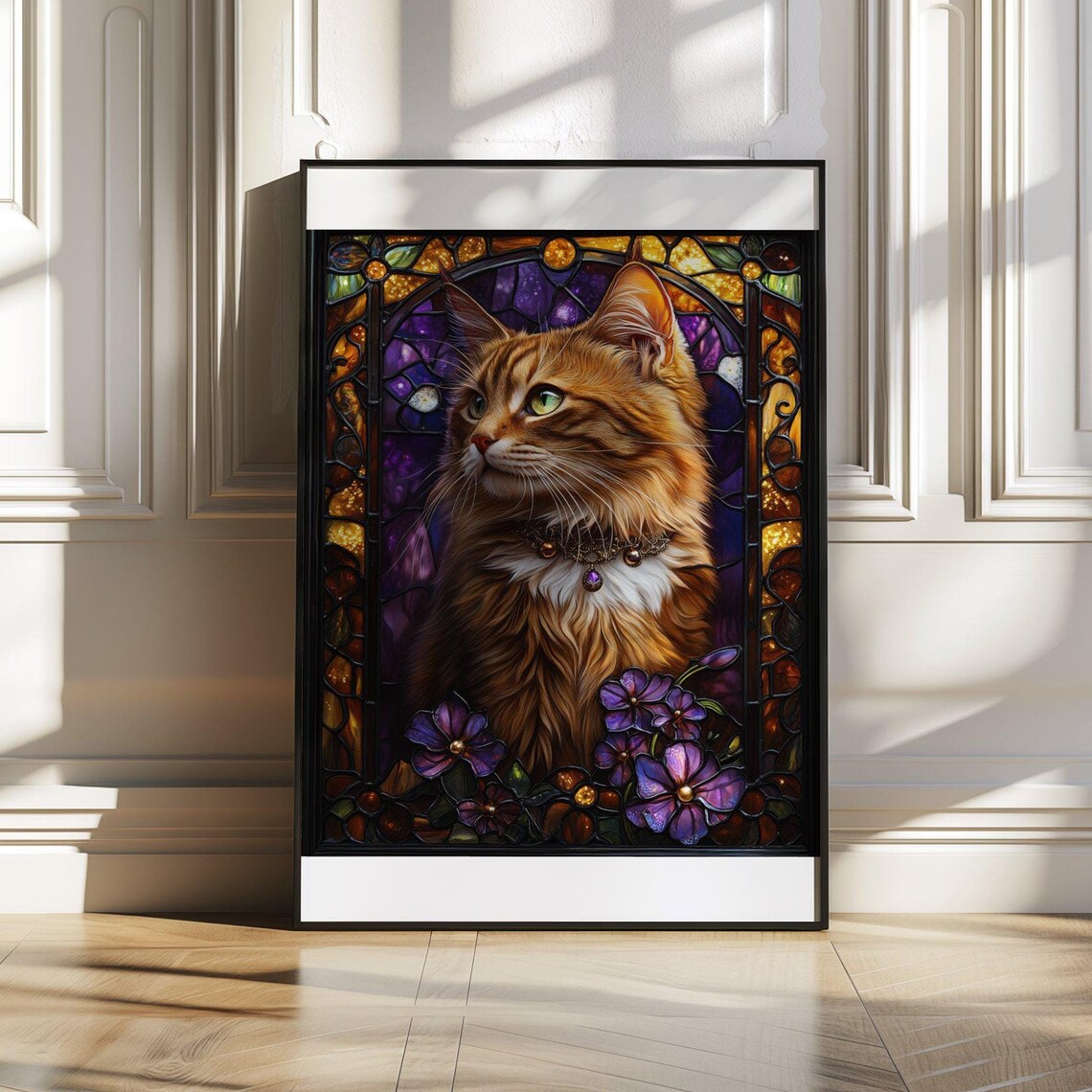 Orange Long Haired Cat Poster With Stained Glass and Purple Flowers