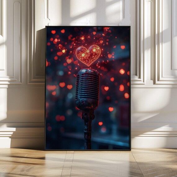 Vintage Microphone With Glowing Red Heart Lights Above Wall Art