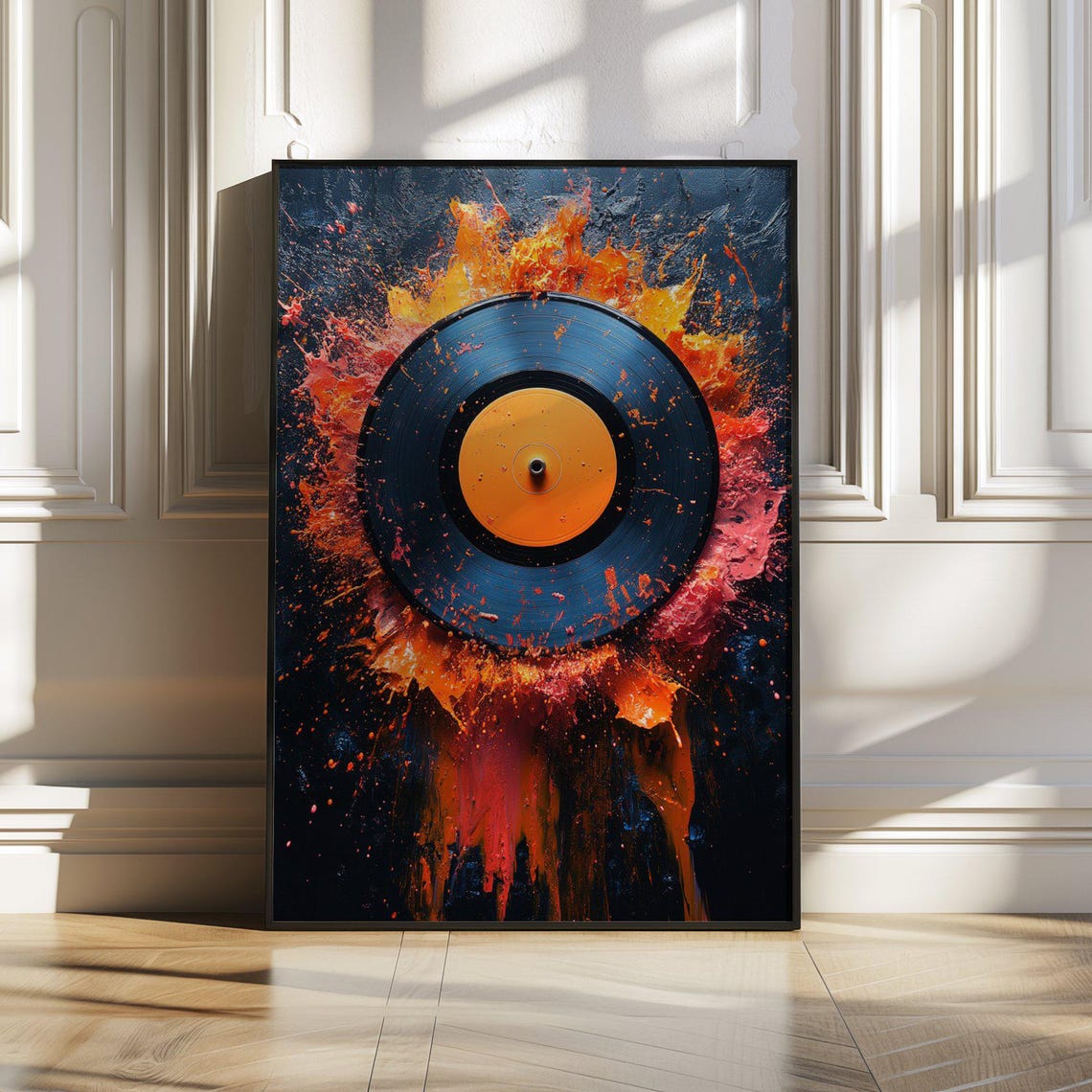 Vinyl Record With Dramatic Orange Paint Splash Explosion Art Poster