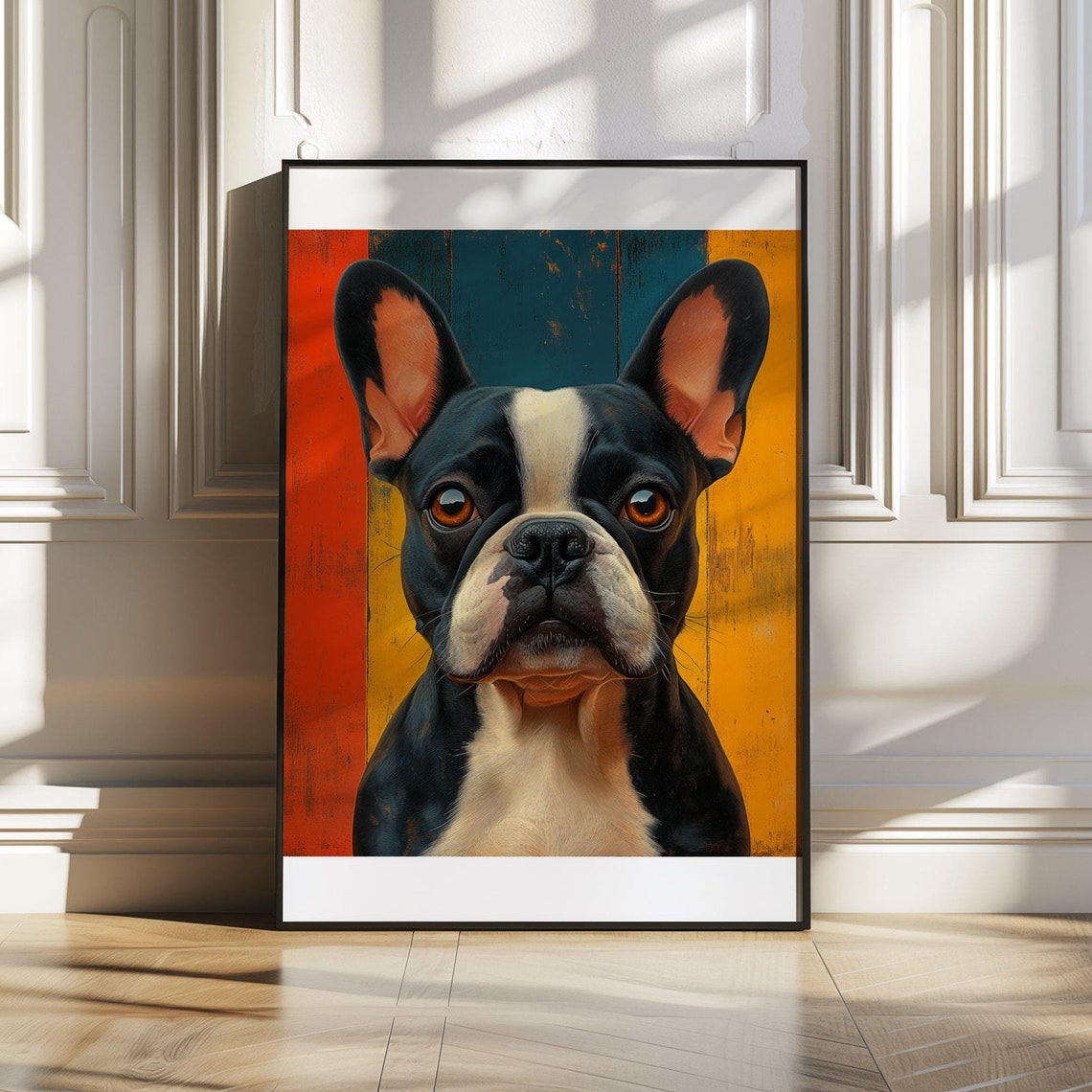 Black and White French Bulldog Bold Retro Striped Art Poster