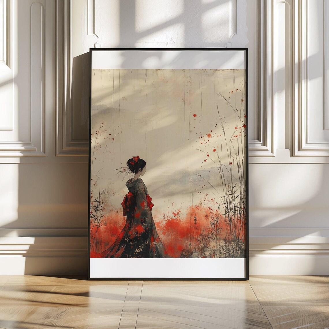 Geisha Seen from Behind in Dark Kimono Ink Watercolor Art Poster