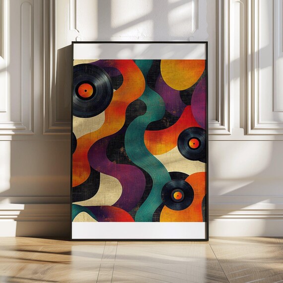 Retro Abstract Vinyl Records With Flowing Color Ribbons Poster