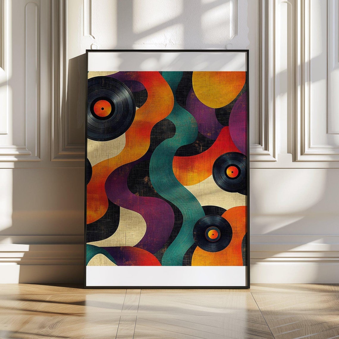 Retro Abstract Vinyl Records With Flowing Color Ribbons Poster