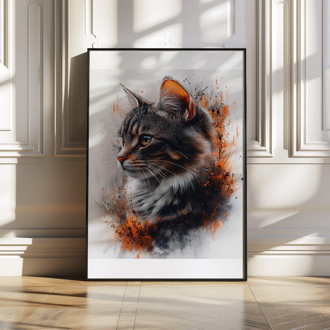 Watercolor Tabby Cat Portrait With Fiery Orange Paint Splashes Poster