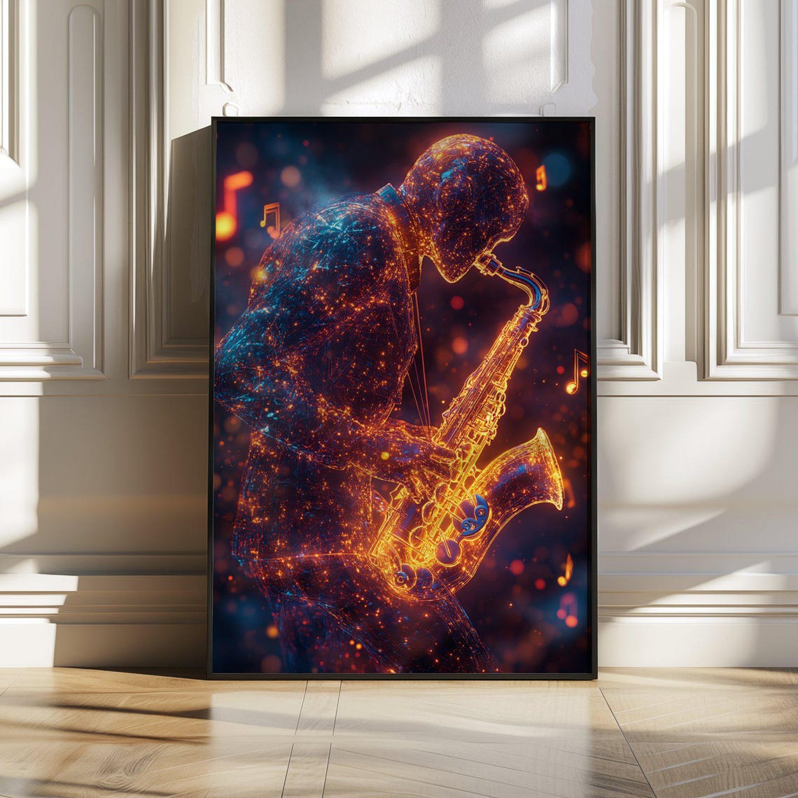 Glowing Particle Saxophonist Playing A Golden Saxophone Wall Art