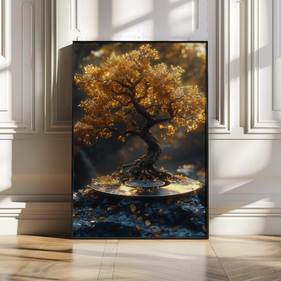 Golden Tree Wall Art Print Or Stretched Illuminated Tree Artwork Nature Inspired Dcor Metal Tree Sculpture Print