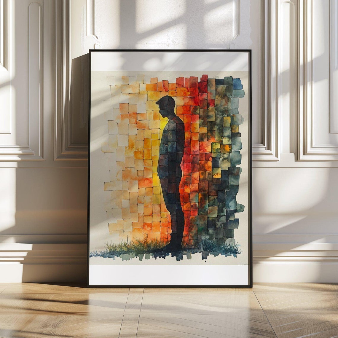 Man Silhouette Poster Colorful Watercolor Mosaic Thoughtful Decor Art