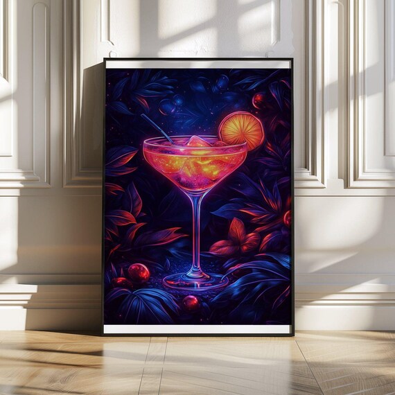 Neon Cocktail Poster With Glowing Martini Glass on Dark Tropics