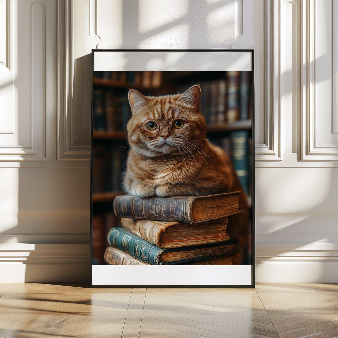 Scholarly Ginger Cat With Round Glasses Resting on Old Books Poster