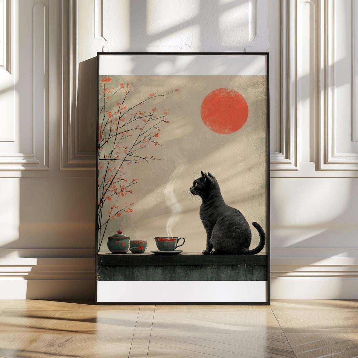 Black Cat With Tea Poster In Japanese Style With Red Sun Blossoms