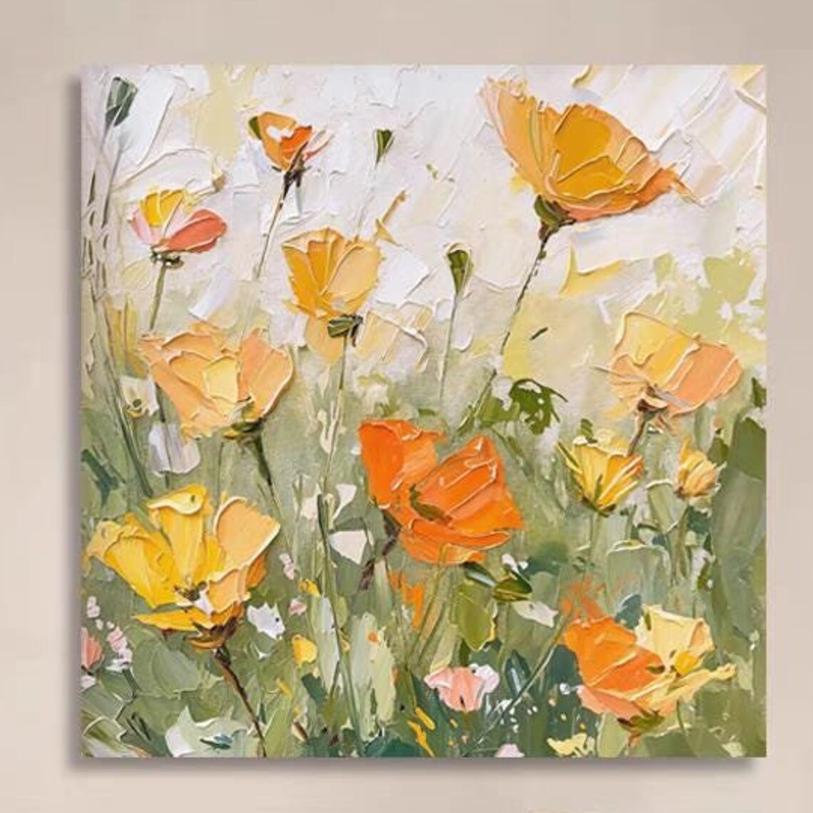 Orange California Poppies in Green Meadow Floral Painting Poster