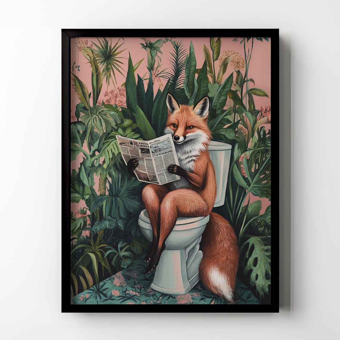 Fox Toilet Bathroom Wall Decor Funny Fox Wall Art Tropical Plants Animal Botanical Bathroom Toilet Restroom