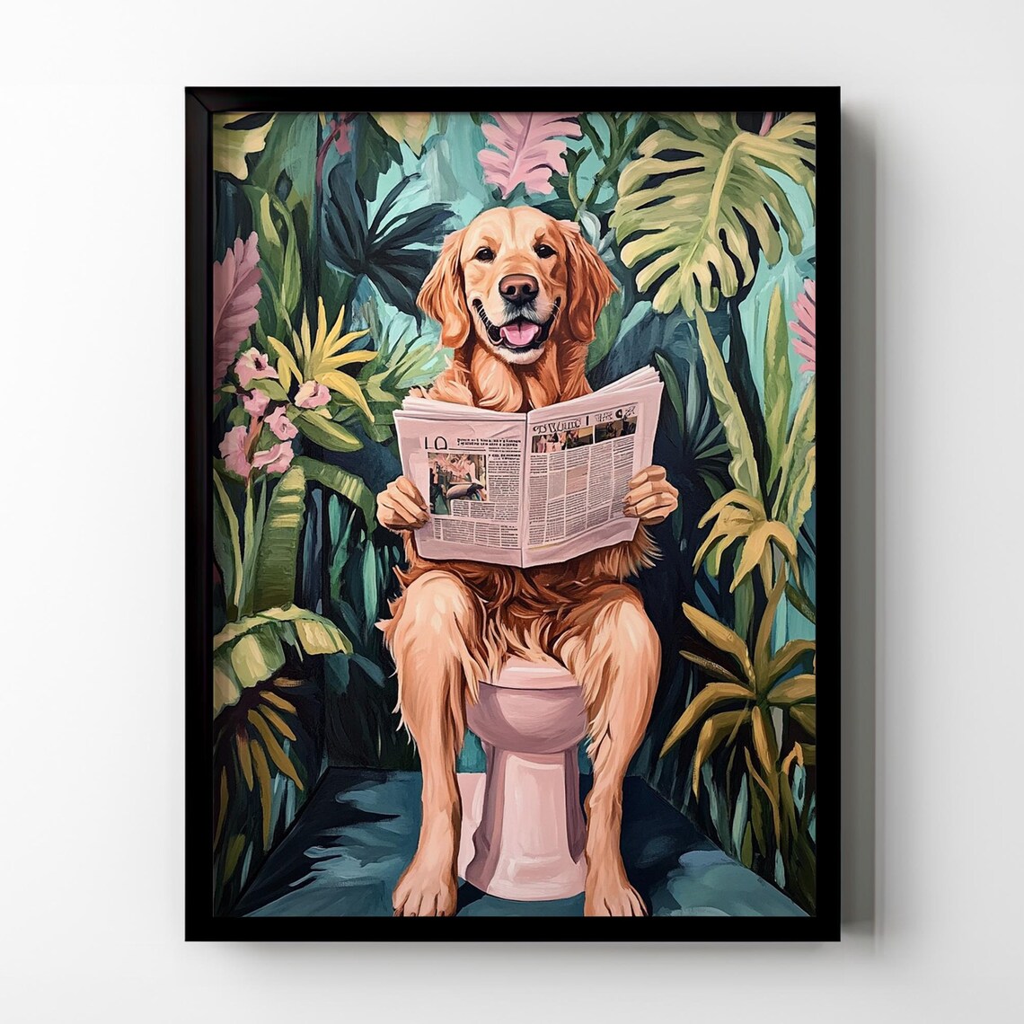 Golden Retriever Dog on Toilet Newspaper Funny Tropical Gift Poster