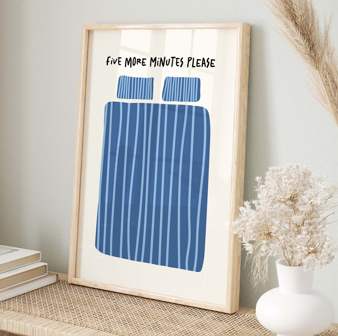 Five More Minutes Retro Blue Bed Quote Art Print - Image 4