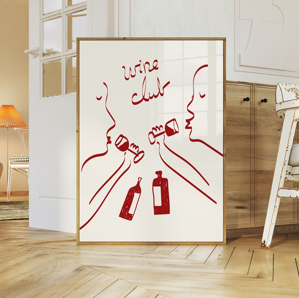 Wine Club Minimalist Red Line Art Toast Profiles Kitchen Poster - Image 2